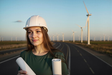 Female engineer in hard hat with two plans by curved road, looking at wind field view.