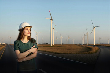 Female engineer in hard hat near road fork at wind farm, looking towards turbines view.