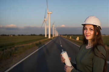 Smiling female engineer in hard hat with plans on road at wind farm, looking camera view.