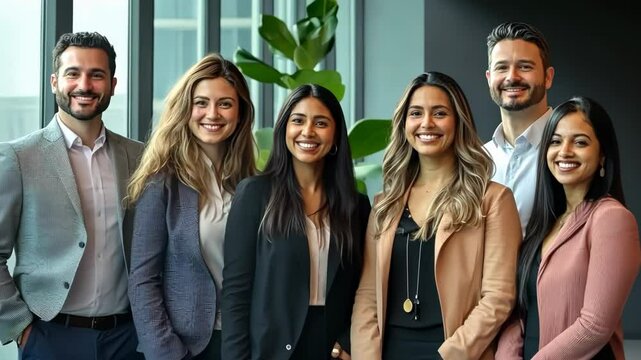 Happy team gathering in modern office with smiling professionals