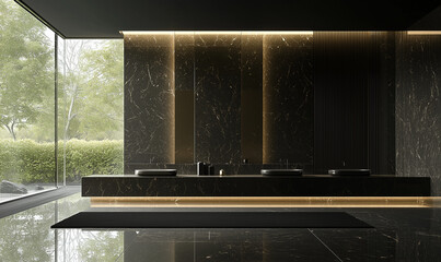 A sleek, modern bathroom with black marble surfaces, minimalist fixtures, and large windows overlooking greenery.