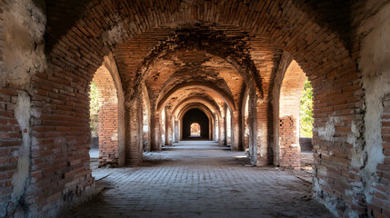 Ruins of a Brick Corridor: A long corridor of aged brick arches and walls, showing signs of decay and time, creates a mysterious and atmospheric scene.