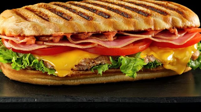 Deliciously grilled panini with layers of ham, cheese, and fresh vegetables on black background