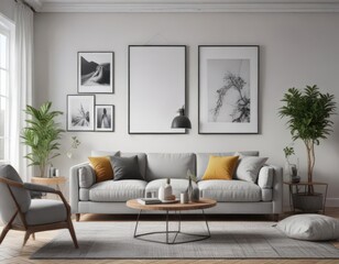 Fototapeta premium Stylish living room, grey sofa, assorted posters on a white feature wall , photo, white, grey