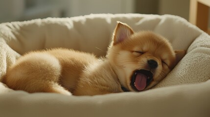 Tiny puppy yawning curled up in a plush bed serene and comfortable mood dim evening light soft focus shot