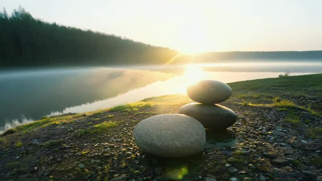 Rotating 360-degree video of balanced zen stones on quiet lakeshore at sunrise, backlit with morning mist creating dreamy halos. Concept of natural harmony and peace