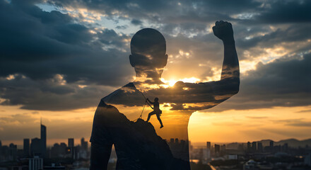 Fototapeta premium Pixelated Silhouette of a Successful Man Reaching the Summit at Sunset with Cityscape Background