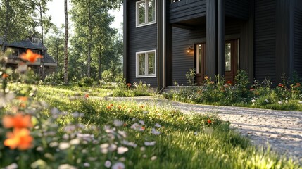 Obraz premium Modern residential house exterior with pathway and lush green garden