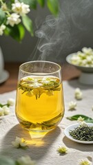 A glass of steaming jasmine tea with floating flowers