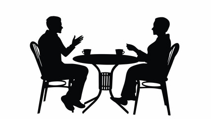 "Silhouette vector of a social meeting between two individuals, round table and chairs, side view, hands mid-gesture, coffee mugs on the table, high contrast, modern minimalist design"