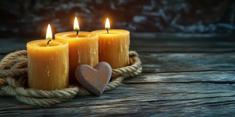 Warm golden candles arranged on a rustic wooden surface with a decorative heart nearby