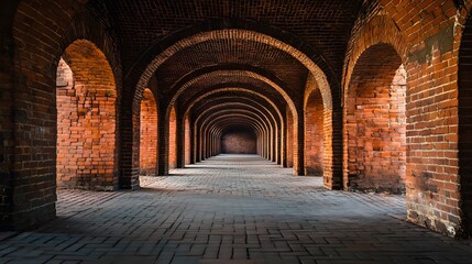 Fototapeta premium Brick Archway Corridor: A long corridor with a series of brick arches creates a dramatic perspective.