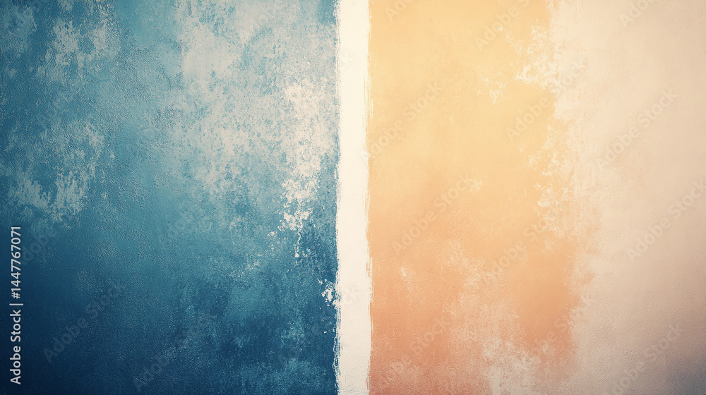 Poster textured blue and peach wall with white stripe, showcasing a minimalist and calm aesthetic, ideal fo