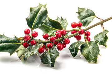 Festive Holly Branch with Vibrant Red Berries and Dew Drops a Symbol of Christmas Joy