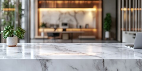 Modern kitchen interior featuring marble countertop and stylish decor in a bright, open space