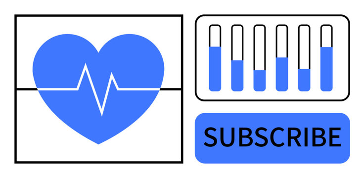 Blue heart with heartbeat line, data bars, and subscribe button. Ideal for health tracking, medical app, subscriptions, analytics, fitness, technology simple landing page - Powered by Adobe
