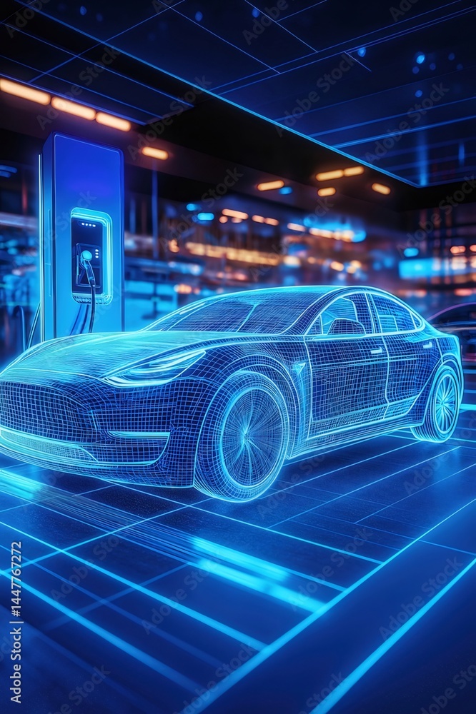 Aufkleber 未来的な電気自動車が都市部の充電ステーションで輝く青い光の中でデジタル接続を表示