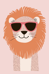 Cool lion wearing stylish sunglasses on a pink background.