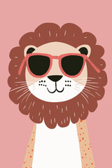 Cool lion wearing stylish sunglasses on a pink background.