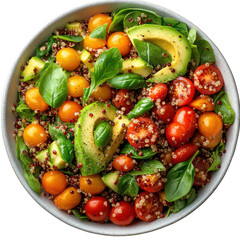 Fresh quinoa salad with avocado and tomatoes healthy food bowl. Isolated on transparent background, png.