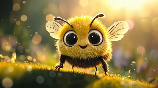 Cute bee in a meadow.  A fluffy, cartoon bee with big eyes, stands on grass in a sunny meadow, with bokeh effects