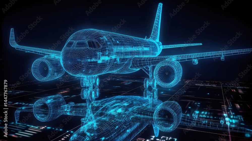 Poster デジタル青色光で描かれた航空機が夜の都市上空を飛行する未来的なビジュアル
