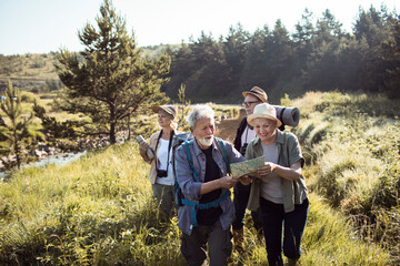 Group of senior hikers navigating forest trail with map near river