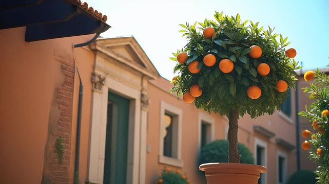 Potted Citrus Fruit Tree Displayed Outdoors in a European City