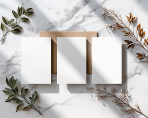 mockup for etsy, 3 blank A4 white card portrait orientation, next to each other side by side. on a white marble table, flat, top down, natural lighting
