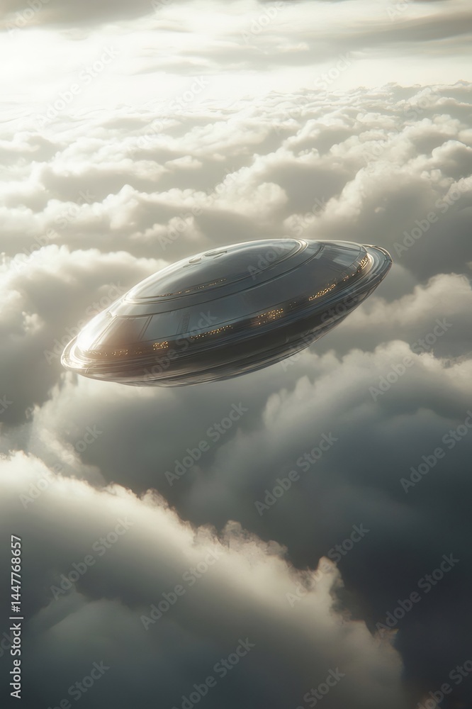 Aufkleber 空に浮かぶ金属製の未来的な飛行船の幻想的な眺め 高度から見た雲の上の航空輸送