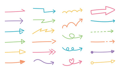 右向きの手書き矢印セット・カラフル