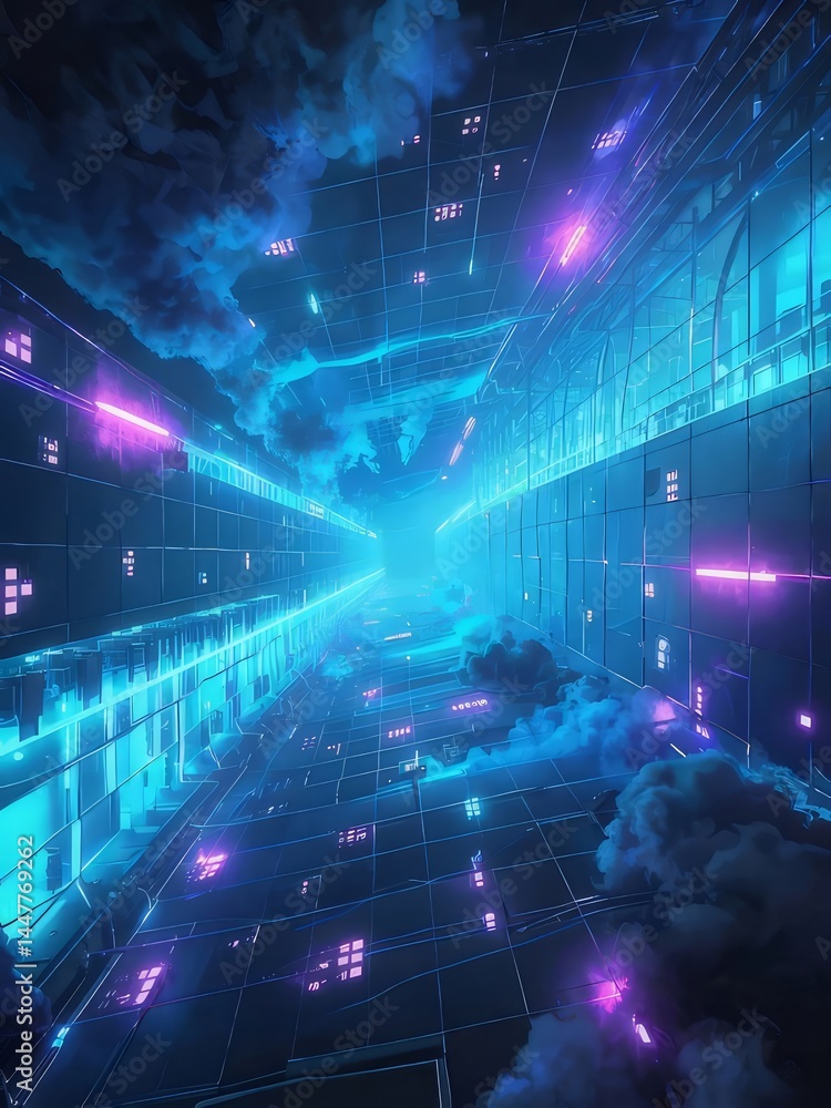 Aufkleber ネオンカラーの未来的な空間デザイン 幾何学模様と青い背景 雲と光の効果