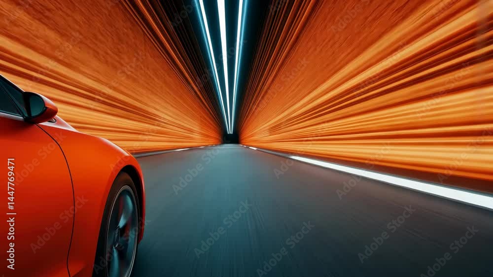 Poster vibrant orange car in motion through tunnel of speed and light, creating dynamic atmosphere, cool an