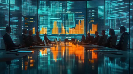People sit at a conference table with financial data displayed on windows.