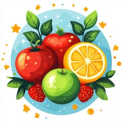 Colorful assortment of fresh fruits featuring tomatoes, oranges, strawberries, and green apples on a vibrant background