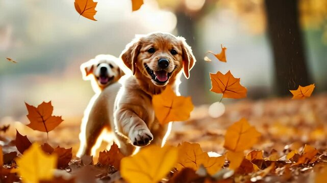 Playful golden retrievers frolic through autumn leaves in a sunlit park