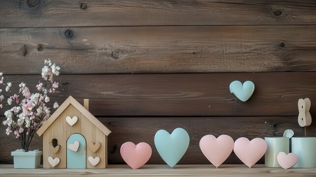 Pastel hearts, wooden house, and flowers on wood background.