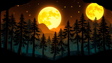 Naklejka premium Night Forest Landscape Glowing Moon and Silhouetted Trees