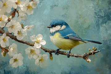 Fototapeta premium Blue tit perched on flowering branch, painted in textured style, conveying spring, nature, and serenity