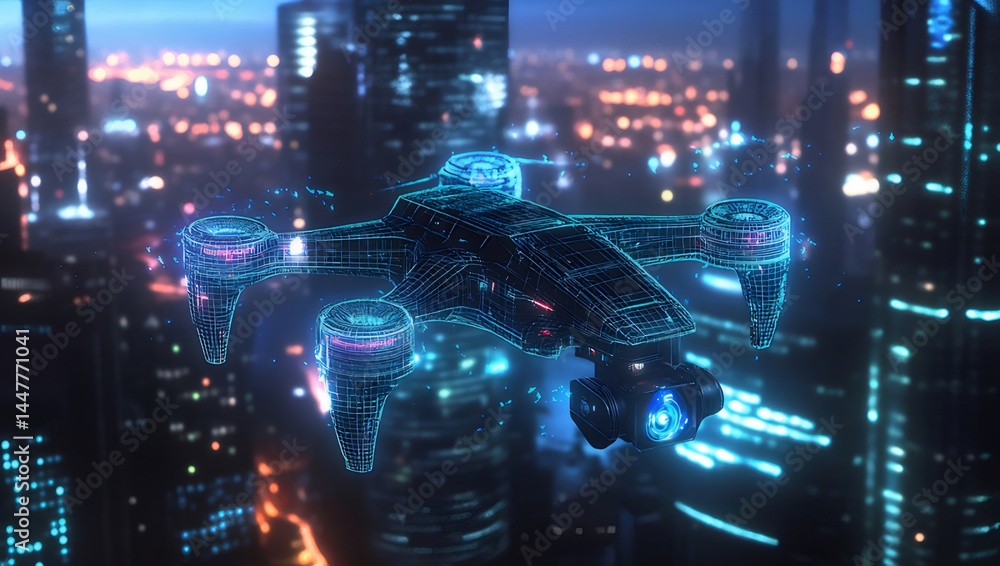 Poster 夜の光る都市上空を飛行するデジタルドローン 輝く青い光と未来的な技術の融合