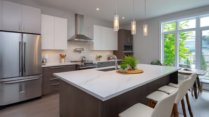 Modern minimalist kitchen with island counter, bathed in natural light. Contemporary simplicity meets functional elegance.
