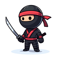 Cute ninja character with sword in red and black. Perfect for game assets, martial arts content, and children's entertainment.