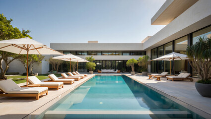 Fototapeta premium Luxurious modern villa with a pristine swimming pool, sun loungers, and umbrellas, surrounded by lush greenery under a clear blue sky.