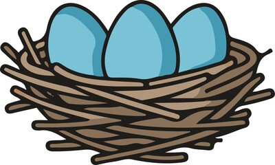 Obraz premium Illustration of a bird nest with three blue eggs inside, isolated on white.