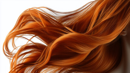 Vibrant Copper Red Hair Flowing Gracefully Against a Pure White Backdrop