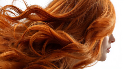 Beauty in Motion: Luscious Copper Red Hair on a Crisp White Background