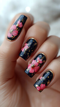 Floral Elegance in Black and Gold: Close-up of a female hand with long, dark nails adorned with delicate pink cherry blossoms and touches of glittering gold. This sophisticated nail art evokes the bea
