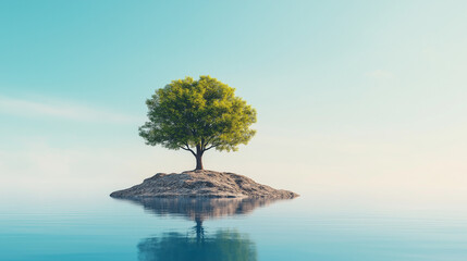 Solitary Tree on Island: A lone tree stands steadfast on a small island surrounded by calm waters under a vast blue sky.