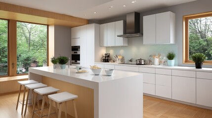 Modern minimalist kitchen with island counter, bathed in natural light. Contemporary simplicity meets functional elegance.
