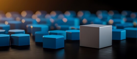 Obraz premium A silver cube stands out among many blue hexagons on a reflective black surface